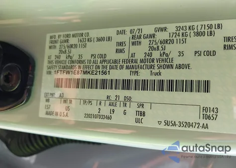 2021 Ford F150 Xlt из США, поврежденный, VIN 1FTFW1E87MKE21561